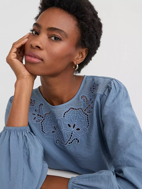 LOFT Tops - Loft Embroidered Blue Blouse Medium